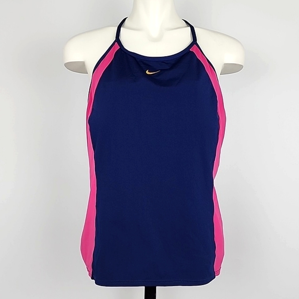 NIKE Tankini  Swim Top Racerback Navy Pink Shelf Padded Bra Size 18
